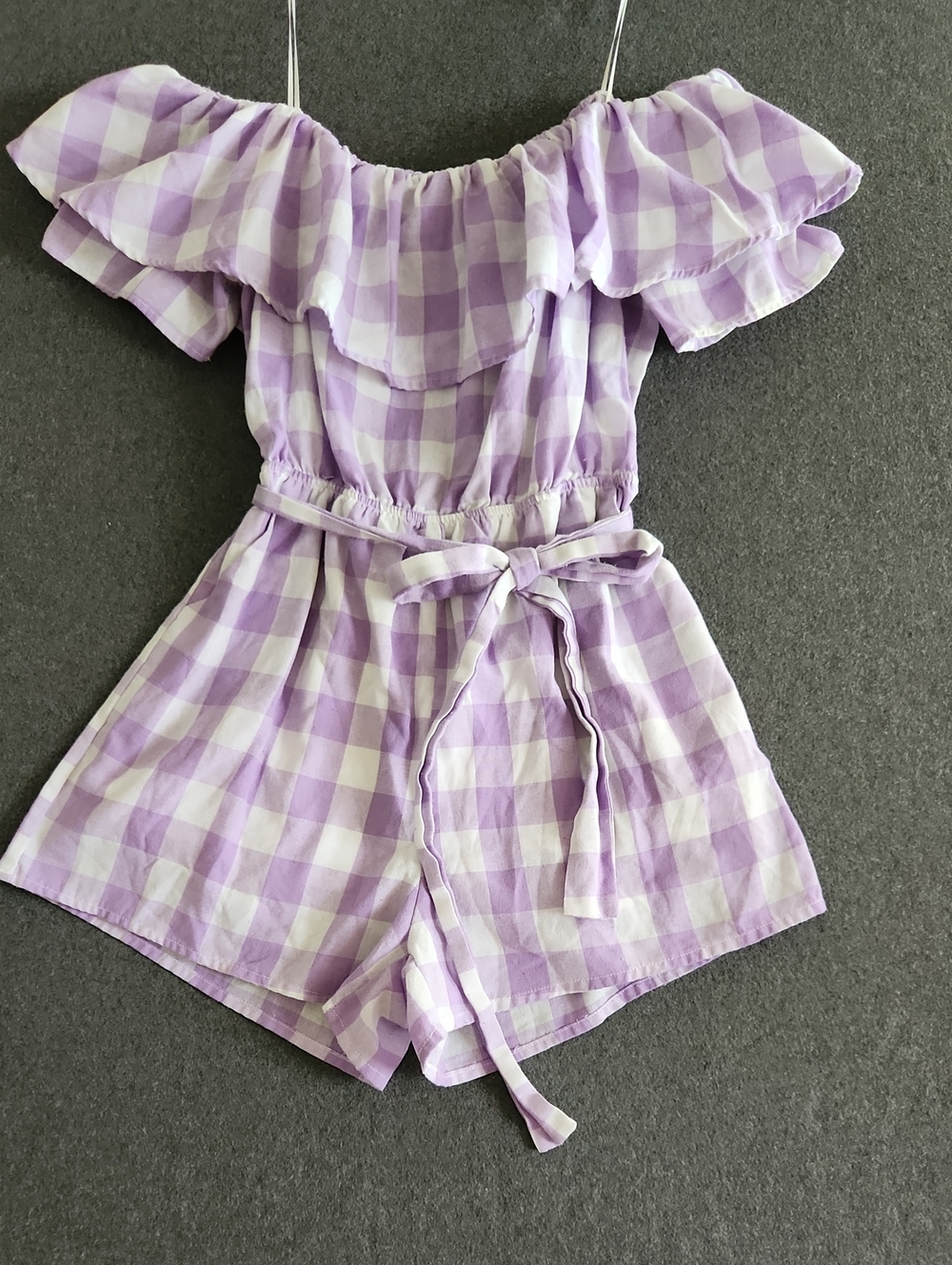 bigHit Off Shoulder Ruffle Womens Lavender Gingham Romper Sze Large Cottage Core